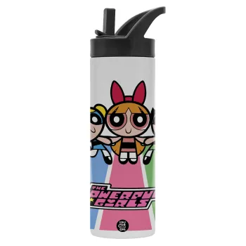 The powerpuff girls , Metallic thermos bottle with straw & handle, stainless steel (Stainless steel 304), double-walled, 600ml.
