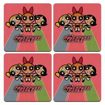 The powerpuff girls , ΣΕΤ x4 Σουβέρ ξύλινα τετράγωνα plywood (9cm)
