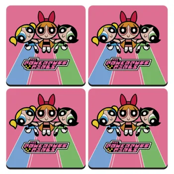 The powerpuff girls , ΣΕΤ 4 Σουβέρ ξύλινα τετράγωνα (9cm)