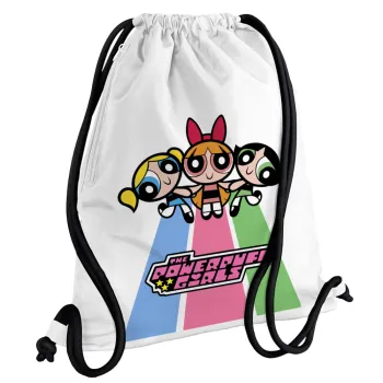 The powerpuff girls , Τσάντα πλάτης πουγκί GYMBAG λευκή, με τσέπη (40x48cm) & χονδρά κορδόνια