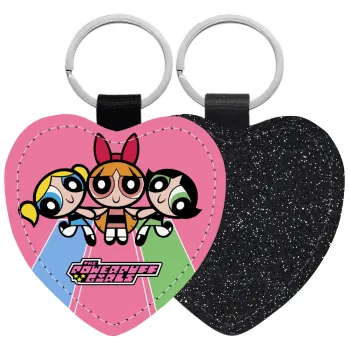 The powerpuff girls , Μπρελόκ PU δερμάτινο glitter καρδιά ΜΑΥΡΟ