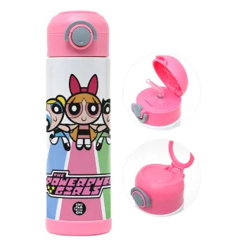 The powerpuff girls , Children's hot water bottle, stainless steel, with safety straw, PINK (500ml)