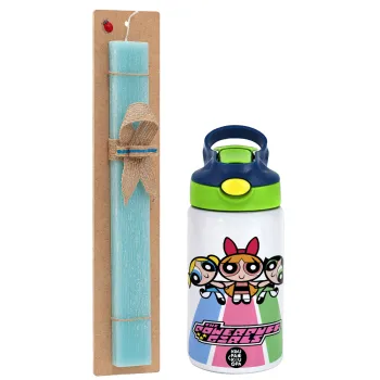 The powerpuff girls , Easter Set, Children's thermal stainless steel bottle with safety straw, green/blue (350ml) & aromatic flat Easter candle (30cm) (TURQUOISE)