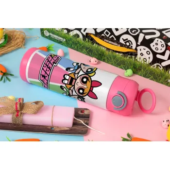 The powerpuff girls , Πασχαλινή Λαμπάδα με Παιδικό παγούρι θερμό, ανοξείδωτο, με καλαμάκι ασφαλείας, ΡΟΖ (500ml)