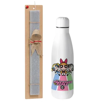 The powerpuff girls , Easter Set, metallic stainless thermos bottle (500ml) & scented flat Easter candle (30cm) (GRAY)