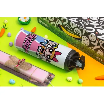 The powerpuff girls , Πασχαλινή Λαμπάδα με Travel Tumbler θερμό με διπλό καπάκι (600ml, BPA free) & κερί αρωματικό πλακέ (30cm) (ΡΟΖ)
