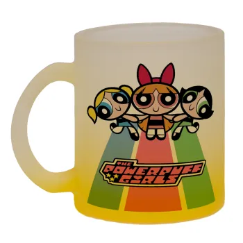 The powerpuff girls , Κούπα γυάλινη δίχρωμη με βάση το κίτρινο ματ, 330ml