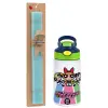 Easter Set, Children's thermal stainless steel bottle with safety straw, green/blue (350ml) & aromatic flat Easter candle (30cm) (TURQUOISE)