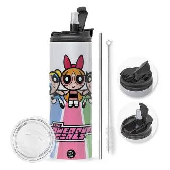 The powerpuff girls , Travel Tumbler θερμό με διπλό καπάκι, μεταλλικό καλαμάκι και βούρτσα καθαρισμού (Ανωξείδωτο 304 Food grade, BPA free, 600ml)