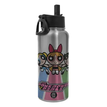 The powerpuff girls , Metal mug thermo Silver with Straw and Spout Lid (Stainless steel), double wall, 950ml