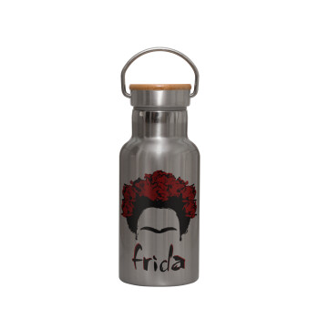 Frida, Μεταλλικό παγούρι θερμός (Stainless steel) Ασημένιο με ξύλινο καπακι (bamboo), διπλού τοιχώματος, 350ml