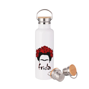 Frida, Μεταλλικό παγούρι θερμός (Stainless steel) Λευκό με ξύλινο καπάκι (bamboo), διπλού τοιχώματος, 750ml