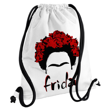 Frida, Τσάντα πλάτης πουγκί GYMBAG λευκή, με τσέπη (40x48cm) & χονδρά κορδόνια