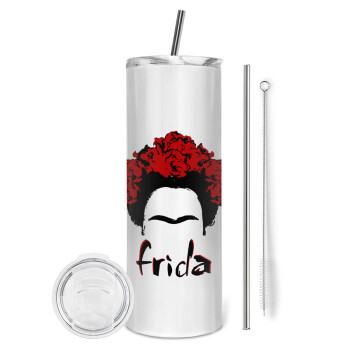 Frida, Eco friendly ποτήρι θερμό (tumbler) από ανοξείδωτο ατσάλι 600ml, με μεταλλικό καλαμάκι & βούρτσα καθαρισμού