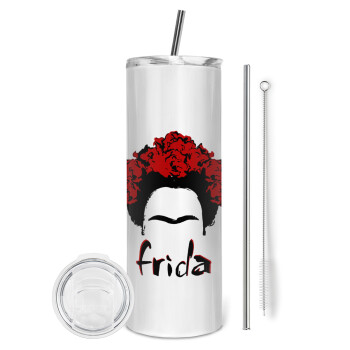 Frida, Tumbler ποτήρι θερμό από ανοξείδωτο ατσάλι 600ml, με μεταλλικό καλαμάκι & βούρτσα καθαρισμού
