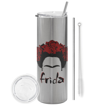 Frida, Eco friendly ποτήρι θερμό Ασημένιο (tumbler) από ανοξείδωτο ατσάλι 600ml, με μεταλλικό καλαμάκι & βούρτσα καθαρισμού