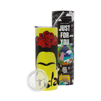 Frida, Neon Yellow Travel Tumbler, with metal straw (Stainless steel 304 Food grade, BPA free, 600ml)