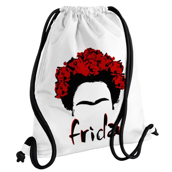 Frida — Τσάντα πλάτης πουγκί GYMBAG λευκή, με τσέπη (40x48cm) & χονδρά κορδόνια