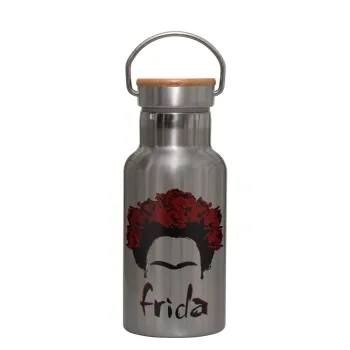 Frida, Μεταλλικό παγούρι θερμός (Stainless steel) Ασημένιο με ξύλινο καπακι (bamboo), διπλού τοιχώματος, 350ml