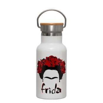 Frida, Μεταλλικό παγούρι θερμός (Stainless steel) Λευκό με ξύλινο καπακι (bamboo), διπλού τοιχώματος, 350ml