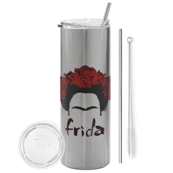 Frida, Tumbler ποτήρι θερμό Ασημένιο από ανοξείδωτο ατσάλι 600ml, με μεταλλικό καλαμάκι & βούρτσα καθαρισμού