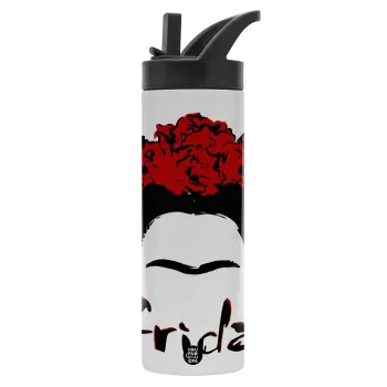 Frida, Μεταλλικό παγούρι θερμός με καλαμάκι & χειρολαβή, ανοξείδωτο ατσάλι (Stainless steel 304), διπλού τοιχώματος, 600ml