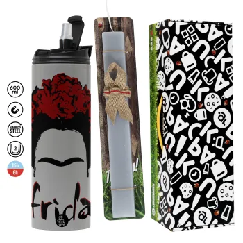 Frida, Πασχαλινή Λαμπάδα με Travel Tumbler θερμό (600ml, BPA free) & κερί αρωματικό πλακέ (30cm) (ΓΚΡΙ)