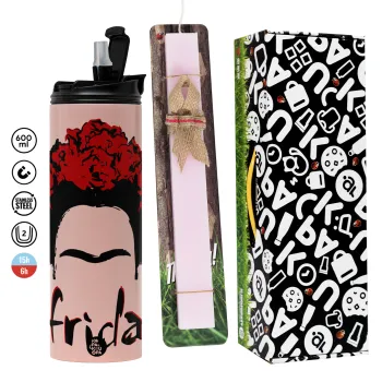 Frida, Πασχαλινή Λαμπάδα με  ΡΟΖ Travel Tumbler θερμό (600ml, BPA free) & κερί αρωματικό πλακέ (30cm) (ΡΟΖ)
