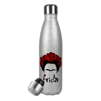 Frida, Μεταλλικό παγούρι θερμός Glitter Aσημένιο (Stainless steel), διπλού τοιχώματος, 500ml
