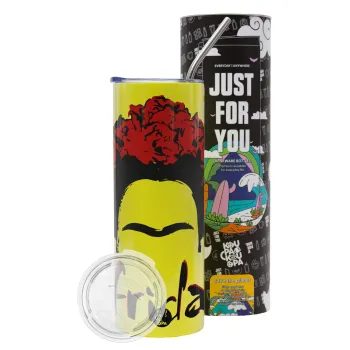 Frida, Neon Yellow Travel Tumbler θερμό, μεταλλικό καλαμάκι(Ανωξείδωτο 304 Food grade, BPA free, 600ml)