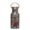 Stainless steel metallic thermos flask, silver with a bamboo lid, double-walled, 350ml.