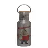 Stainless steel metallic thermos flask, silver with a bamboo lid, double-walled, 350ml.