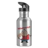 Water bottle Silver with straw, stainless steel 600ml