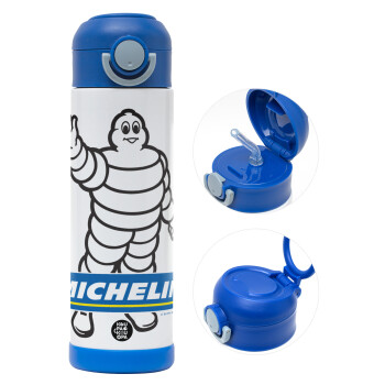 Michelin, Children's hot water bottle, stainless steel, with safety straw, BLUE (500ml)