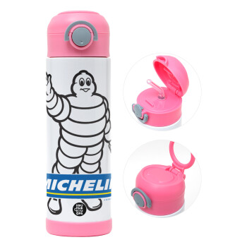 Michelin, Children's hot water bottle, stainless steel, with safety straw, PINK (500ml)