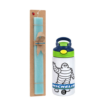 Michelin, Easter Set, Children's thermal stainless steel bottle with safety straw, green/blue (350ml) & aromatic flat Easter candle (30cm) (TURQUOISE)