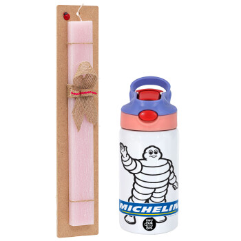 Michelin, Easter Set, Children's thermal stainless steel water bottle with safety straw, pink/purple (350ml) & Easter scented flat candle (30cm) (PINK)
