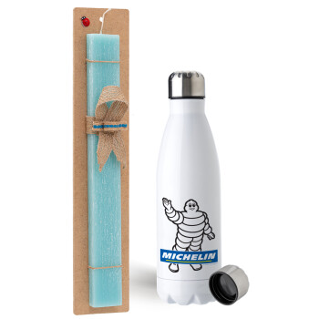 Michelin, Easter Set, metallic stainless steel water bottle (750ml) & aromatic flat Easter candle (30cm) (TURQUOISE)