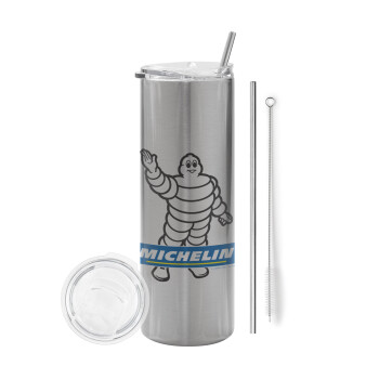 Michelin, Eco friendly ποτήρι θερμό Ασημένιο (tumbler) από ανοξείδωτο ατσάλι 600ml, με μεταλλικό καλαμάκι & βούρτσα καθαρισμού