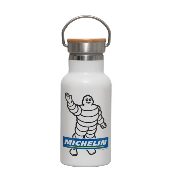Michelin — Metallic thermos (Stainless steel) White with wooden lid (bamboo), double-walled, 350ml