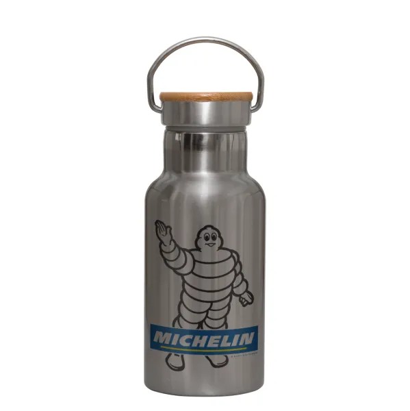 Michelin — Stainless steel metallic thermos flask, silver with a bamboo lid, double-walled, 350ml.