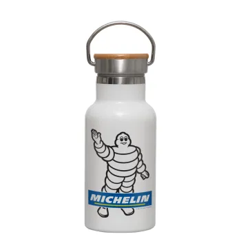 Michelin, Metallic thermos (Stainless steel) White with wooden lid (bamboo), double-walled, 350ml