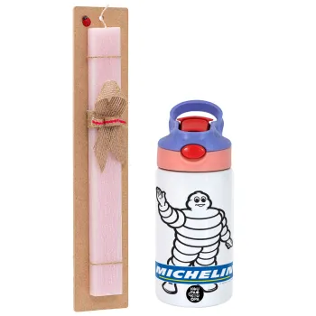 Michelin, Easter Set, Children's thermal stainless steel water bottle with safety straw, pink/purple (350ml) & Easter scented flat candle (30cm) (PINK)