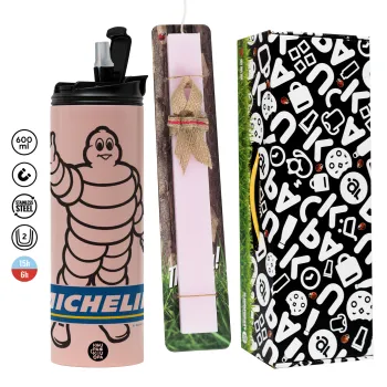Michelin, Πασχαλινή Λαμπάδα με  ΡΟΖ Travel Tumbler θερμό (600ml, BPA free) & κερί αρωματικό πλακέ (30cm) (ΡΟΖ)