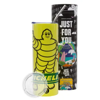 Michelin, Neon Yellow Travel Tumbler θερμό, μεταλλικό καλαμάκι(Ανωξείδωτο 304 Food grade, BPA free, 600ml)