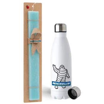 Michelin, Easter Set, metallic stainless steel water bottle (750ml) & aromatic flat Easter candle (30cm) (TURQUOISE)