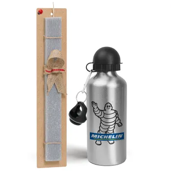 Michelin, Easter Set, metallic silver aluminum water bottle (500ml) & aromatic flat Easter candle (30cm) (GRAY)