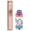 Easter Set, Children's thermal stainless steel water bottle with safety straw, pink/purple (350ml) & Easter scented flat candle (30cm) (PINK)