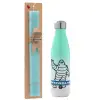 Easter Set, Metallic green/white thermos (Stainless steel), double-walled, 500ml & scented flat Easter candle (30cm) (TURQUOISE)