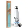 Easter Set, metallic stainless steel water bottle (750ml) & aromatic flat Easter candle (30cm) (TURQUOISE)